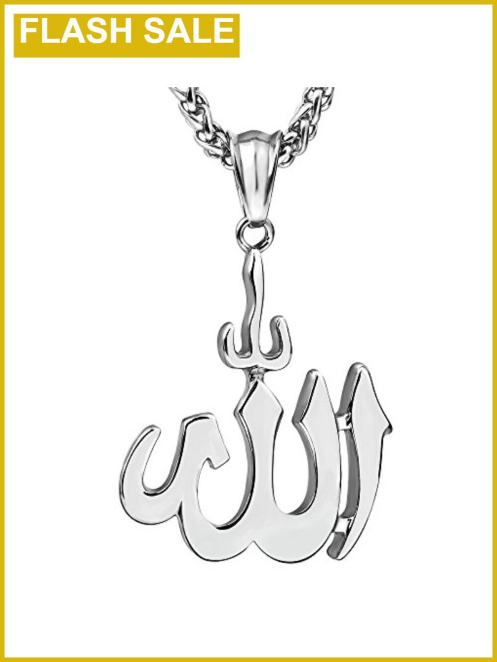 Stainless Steel Big Allah Necklace Pendant Cable Chain Lobster Clasp Islamic